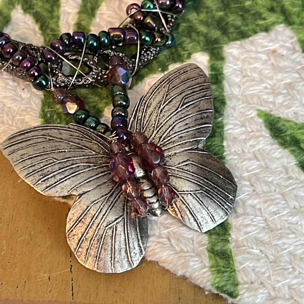 Handcrafted Oil Slick & AB Purple Accent Silver Butterfly Necklace